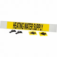 Yellow fiberglass carrier-mounted pipe marker with black legend text reading 'Heating Water Supply' and directional arrows. Designed for pipe outer diameters of 8 inches and larger. Includes strapping for secure installation. Used to identify heating water supply lines in piping systems.
