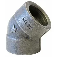 Steel 45° elbow for socket-weld extreme-pressure piping systems. Female socket connections on both ends, 4 in pipe size, Class 3000 rating. Used to redirect flow in high-pressure hydraulic, steam, and process piping