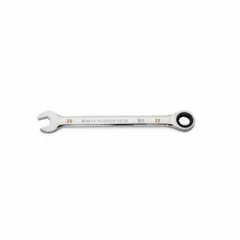 This SAE 12-point ratcheting combination wrench features a 20 mm head size and is constructed from alloy steel with a full polish chrome finish. The ratcheting box end enables faster fastener tightening and loosening without repositioning the tool. Suitable for general mechanical assembly and maintenance tasks.