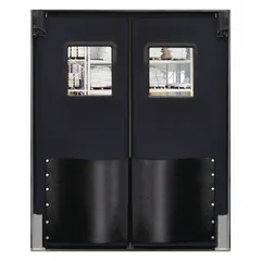 Two-door insulated swinging door with black polyethylene construction and an integrated polycarbonate window. Includes door seals, bumpers, and mounting hardware. NSF certified for sanitation. Suitable for temperature-controlled environments such as cold storage and food processing areas.