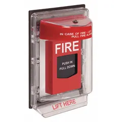Clear polycarbonate wall-mount guard for fire alarm pull stations. Overall depth 6 3/16 in. Legend reads: IN CASE OF FIRE - LIFT COVER ACTIVATE FIRE ALARM. Helps prevent accidental activation in commercial and industrial settings.