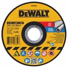 This Type 1 cut-off wheel is designed for cutting carbon steel and stainless steel. It features a 4-1/2" diameter, 0.045" thickness, and 7/8" arbor hole, with 60 grit aluminum oxide abrasive. Suitable for metal fabrication, construction, and maintenance tasks requiring clean cuts on ferrous metals.
