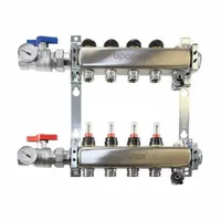 This UPONOR manifold assembly is constructed of stainless steel with an overall width of 3.54 inches. It features one 1 1/4 inch inlet and one 3/4 inch outlet, designed for branch distribution in hydronic heating and plumbing systems