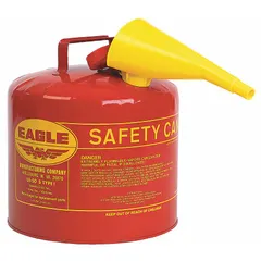 This EAGLE Type I Safety Can is designed for the storage and dispensing of flammable liquids. It has a 5-gallon capacity and comes with a funnel for convenient pouring. The red finish provides high visibility in industrial environments.