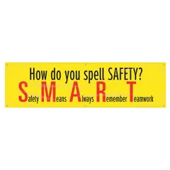 Poly sheeting banner with one printed side, measuring 28 in x 96 in. Suitable for indoor and outdoor use. Used to display safety messages in industrial facilities such as plants, warehouses, and construction sites.