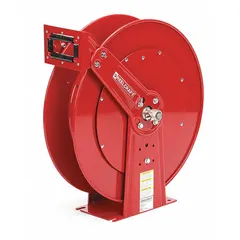 Nickel-plated steel dual-pedestal hose reel with red finish, rated for 500 psi maximum operating pressure. Designed for retracting and storing hoses in industrial settings, handling 50 ft of 3/4 in I.D. hose. Suitable for air, water, or oil applications in maintenance, manufacturing, and service trucks.