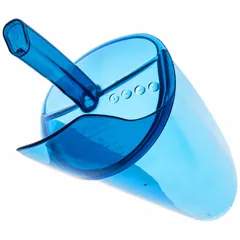 Polycarbonate ice scoop with 64 oz minimum capacity and 6 3/4 in width. NSF certified and dishwasher safe for sanitation. Suitable for portioning ice in commercial foodservice settings.