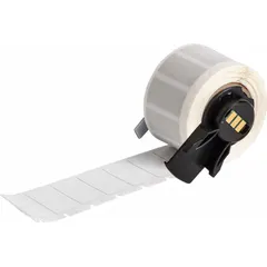 This precut label roll measures 1 inch by 1/2 inch and is made of white matte polyimide. It is rated for temperatures from -94°F to 572°F and is compatible with the BMP61 printer series. Typical applications include circuit board labeling, wire marking, and component tracking in high-heat environments.