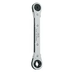 This set of SAE double end ratcheting box end wrenches includes 1/2 in, 1/4 in, 3/16 in, and 9/16 in head sizes. Made from alloy steel with a chrome finish, the wrenches feature a reversing ratcheting mechanism for efficient tightening or loosening of fasteners in maintenance and repair tasks.