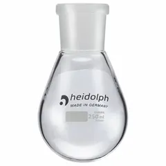 Colorless round glass boiling flask with 250 mL capacity. Compatible with 24/40 stopper size. Used as a component in rotary evaporators for solvent removal and concentration in laboratory distillation processes.