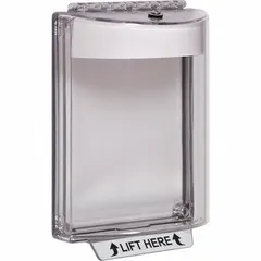 This polycarbonate wall-fixture guard protects dual-action pull stations, keypads, intercom stations, emergency buttons, light switches, and duplex plugs from accidental activation or vandalism. It features a white finish with a LIFT HERE legend, IP56 water resistance, and includes mounting hardware for flush-mount indoor installation.