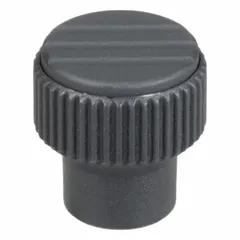 Knurled knob with threaded hole, plastic body with steel thread insert. M6 thread, 10 mm thread length, 21 mm diameter, gray. Used for manual adjustment and clamping on machinery, fixtures, and industrial equipment.