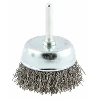 This cup brush features crimped steel fill for light cleaning and surface preparation on carbon steel. With a 2 1/4 in brush diameter, 1/4 in shank, and 0.014 in fill diameter, it is suited for removing rust, scale, and paint from flat surfaces, welds, and corners in metal fabrication, maintenance, and repair applications