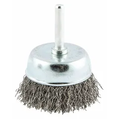 This cup brush features crimped steel fill for light cleaning and surface preparation on carbon steel. With a 2 1/4 in brush diameter, 1/4 in shank, and 0.014 in fill diameter, it is suited for removing rust, scale, and paint from flat surfaces, welds, and corners in metal fabrication, maintenance, and repair applications.