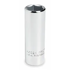 This 3/8" drive hand socket features a 15/16" SAE size, 6-point deep configuration, and a chrome finish. Designed for fastening and loosening hex fasteners in maintenance, repair, and assembly tasks.
