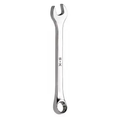 Alloy steel combination wrench with chrome finish. Features a 7/16 in SAE 6-point offset rounded head for accessing recessed fasteners. Suitable for tightening or loosening bolts in mechanical and industrial applications.
