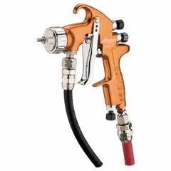 This conventional spray gun from DEVILBISS is constructed with an aluminum body and features a 1/4 in NPS air inlet. It consumes 8.8 cfm at 14.5 psi and is compatible with dyes, glazes, lacquers, paints, and stains. Typical applications include industrial finishing tasks such as coating metal or wood surfaces in manufacturing and maintenance environments.