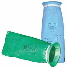 Polyethylene emesis bag with 40 fl oz capacity, 15 in height, and 4 3/4 in diameter. Green color for discreet containment. Used in healthcare settings for collecting and containing vomit.