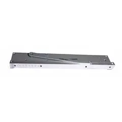 This Grade 1 heavy-duty concealed-mount door closer is constructed of aluminum and features a track arm with non-hold open function. It includes an adjustable spring size 5 and is ADA compliant. Suitable for interior or exterior use on commercial doors requiring controlled closing speed and force.
