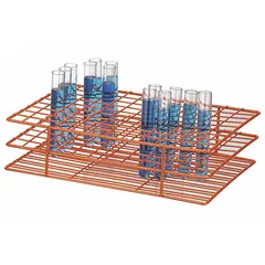 This steel test tube rack is finished in orange for high visibility on the benchtop. It accommodates up to 108 test tubes in individual compartments, providing organized storage for laboratory workflows.