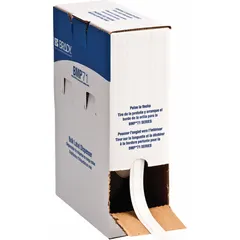 White vinyl continuous label roll measuring 3/8 in by 275 ft. Features a removable and repositionable adhesive for temporary or adjustable placement. Compatible with M710 printer series. Used for industrial identification and marking on equipment, cables, and components.
