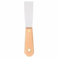 This putty knife features a carbon steel blade with a tapered shape for precise application and smoothing of putty, filler, or spackle. The wood handle provides a comfortable grip, and the full tang construction adds strength. Suitable for use in construction, painting, and general maintenance tasks.
