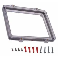 Clear polycarbonate open back box spacer for flush-mount installations of alarm and wall fixture covers. Compatible with STI-1210E model. Provides offset for proper fit in commercial or industrial settings.
