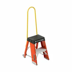 This Type IAA-rated folding step stool is constructed from orange fiberglass and features two steps with a 300 lb load capacity. It includes handrails and slip-resistant rubber feet for stability on hard surfaces. The unit is foldable for storage and ships unassembled. Suitable for elevated access in industrial maintenance, warehousing, and commercial facilities.