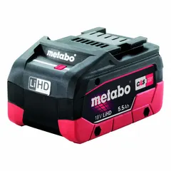 This Metabo battery pack features LiHD technology with 5.5 Ah capacity and 18V DC output. It uses tabbed cell construction for high current delivery. Suitable for powering cordless tools in industrial and construction settings, it is part of the CAS (Cordless Alliance System) for multi-brand compatibility.