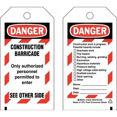 White cable-tie tags printed with 'Only Authorized Personnel Permitted To Enter See Other Side' and 'Danger/Construction Work In Progress. Potential Hazards Include:'. Supplied 25 per pack. Used to restrict entry and warn of hazards in construction zones.