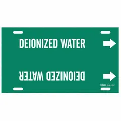 Green strap-on pipe marker with white legend reading 'Deionized Water' and directional arrows. Fits pipe outer diameters of 10 to 15 inches. Used to identify deionized water lines in industrial piping systems.