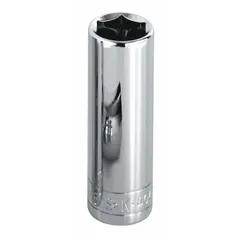 This 3/8" drive hand socket features a 1/2" SAE hex size with a 6-point deep configuration. Constructed from chrome, it is suited for turning hex nuts and bolts in applications requiring extended reach, such as automotive and machinery maintenance.