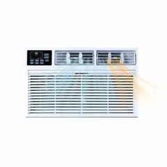 Residential-grade through-the-wall air conditioner for cooling and heating. Operates at 230V AC, 12,000 BTU, with a CEER rating of 9.6. Fixed chassis with NEMA 6-20P plug. Suitable for spaces where a window unit is not feasible.