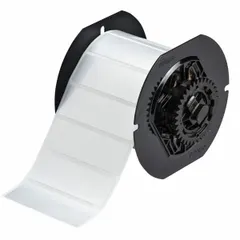 Precut label roll measuring 1 in x 3 in, made of metalized polyester with halogen-free and metal-detectable properties. Compatible with BBP33 printer series. Suitable for industrial labeling in environments requiring contamination control, such as food processing, pharmaceutical, and electronics manufacturing.