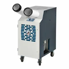 This heavy-duty portable air conditioner provides 13,700 BtuH of cooling capacity for indoor spaces. It operates on 115V AC and includes an air filter. Suitable for cooling areas such as server rooms, workshops, or temporary zones.