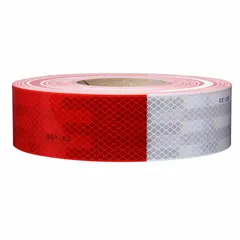 3M 983 is a red/white reflective tape with acrylic adhesive, 2 inches wide and 50 yards long. Designed for marking applications on trailers and vehicles to improve visibility and safety.