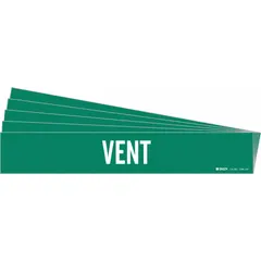Green adhesive pipe marker with white 'Vent' legend, designed for pipes with outer diameter of 8 inches and larger. Each pack contains 5 markers, suitable for identifying vent lines in industrial piping systems.