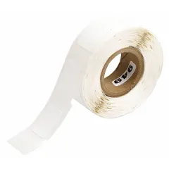 White nylon wraparound label measuring 3/4 in x 1/2 in, designed for permanent identification of wires from 16 AWG to 10 AWG. Compatible with LS2000 printer series and requires R2000 recommended ribbon. Used in industrial panel building and maintenance for wire marking.