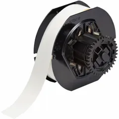 Continuous vinyl label roll, 3/8 in wide by 85 ft long, in white. Features a removable and repositionable adhesive for temporary or adjustable marking. Compatible with i3300 printer series. Used for industrial identification and labeling on equipment, cables, and panels.