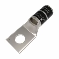 Standard copper compression lug for terminating 2/0 AWG stranded copper wire to a 1/4 in stud. One-hole design for use in power distribution, panel building, and heavy equipment installations.