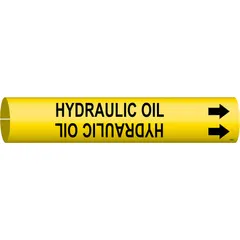 Yellow snap-on pipe marker with black legend 'Hydraulic Oil' for identifying hydraulic oil lines. Fits pipe outer diameters of 4 to 6 inches. Includes directional arrows to indicate flow direction. Suitable for industrial piping systems requiring clear line identification.