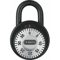 This ABUS combination padlock features a black dial, a steel body, and a steel shackle. It operates via a dial-combo mechanism for keyless locking. Suitable for securing lockers, toolboxes, cabinets, and gates in indoor and light outdoor industrial environments.