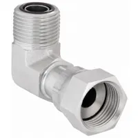 Steel hydraulic hose adapter with 90° elbow configuration. Male x Female ORS (O-Ring Seal) connections on both ends, 3/8 inch nominal size. Rigid design for leak-resistant joints in confined spaces. Suitable for connecting hydraulic system components with ORS interfaces
