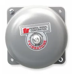 Bell alarm operating at 120V AC with a bell sound. Gray finish. Suitable for indoor and outdoor use. Used for general alerting in industrial facilities.