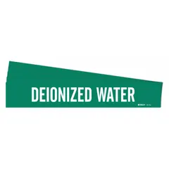 Green pipe marker with white legend reading 'Deionized Water', designed for pipe outer diameters of 8 inches and larger. Each pack contains 5 adhesive-backed markers without arrows. Used to identify deionized water lines in industrial piping systems.