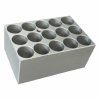 Aluminum dry bath block with 15 wells for 2 mL tubes. Overall dimensions 2 3/4 in length by 1 7/8 in width. Used in laboratory dry bath heaters for uniform heat transfer during sample incubation, enzyme reactions, or DNA denaturation