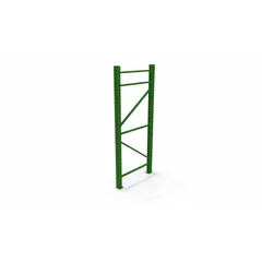 This green steel upright frame is designed for constructing pallet rack systems in warehouses and distribution centers. It features a teardrop connection pattern for quick beam adjustment without tools. The frame has a 16 ft overall height, 42 in depth, and includes a 3 in x 3 in post.