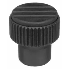 Knurled knob with threaded hole, gray plastic body with steel thread insert. 21 mm diameter, 1/4"-20 thread size, 10 mm thread length. Used for manual adjustment, clamping, or positioning of machinery components.