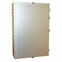 Stainless steel electrical enclosure measuring 30 x 20 x 8 inches. Rated NEMA 12, 13, 3R, 4, and 4X for indoor or outdoor use where corrosion resistance and washdown are required. Closure method uses clamps. Includes an inner panel; knockouts are not provided