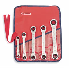 This set includes five double-end ratcheting box end wrenches covering metric sizes from 7 mm to 17 mm. Each wrench features a 6-point design and a chrome finish for corrosion resistance. The ratcheting mechanism allows fast fastener turning in confined spaces. Wrenches are stored in a pouch for organization.